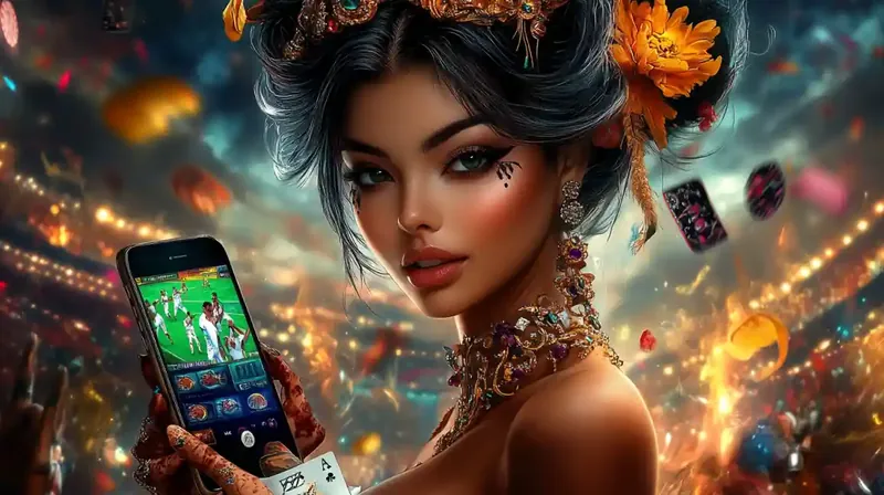 Elegant woman in ornate attire holding smartphone with casino games and playing cards