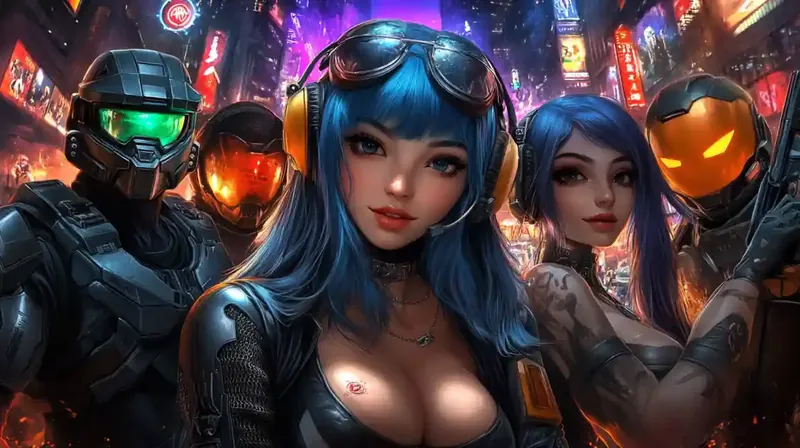 Futuristic gaming characters in neon-lit cityscape with helmets and glowing visuals