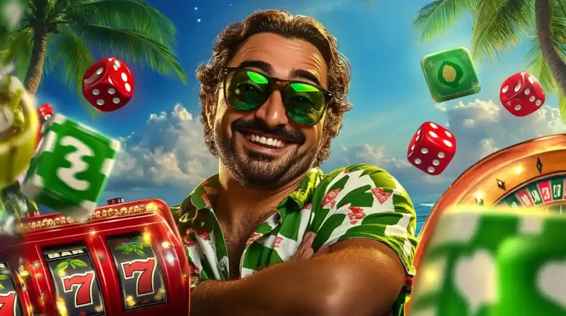 Happy man in Hawaiian shirt celebrating slot machine win with dice and roulette wheel